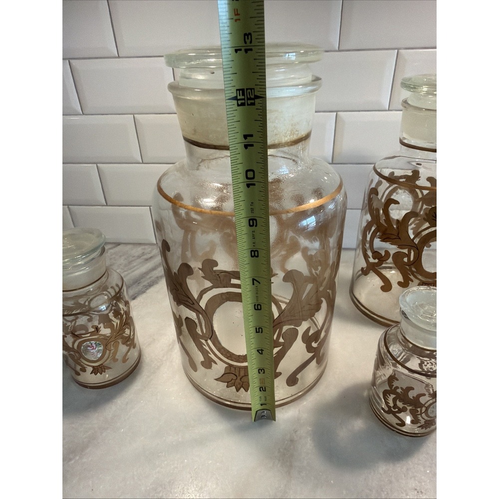 Set Of 5 Antique Clear Glass Apothecary Pharmacy Lidded Jars Gold Hand Decorated - Picture 15 of 16